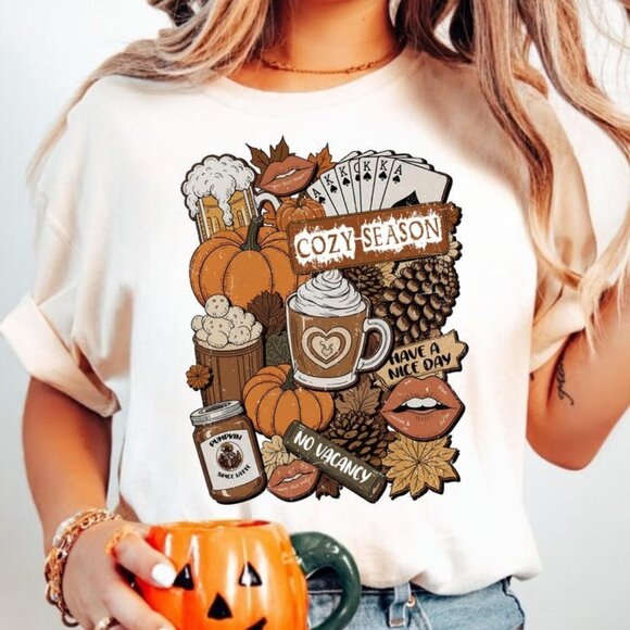 Tops - Pumpkin Aesthetic Fall T-Shirt, Retro Autumn Collage White Tee
